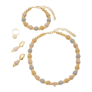 Three-tone beaded jewelry set including a necklace, bracelet, earrings and a ring