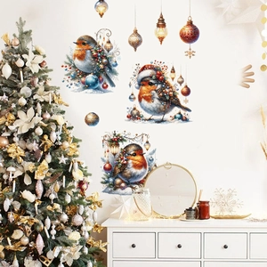 Detail of Christmas wall decals showing vibrant robin birds and hanging holiday ornaments