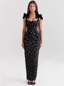 Elegant black lace long dress with bow shoulder straps and slim fit for party