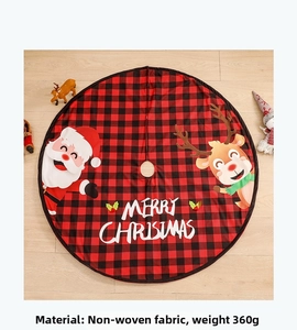 Detail of red buffalo plaid Christmas tree skirt with Santa and elk, 360g non-woven fabric