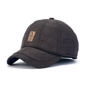 Quilted winter baseball cap for men featuring dark brown diamond pattern and ear protection