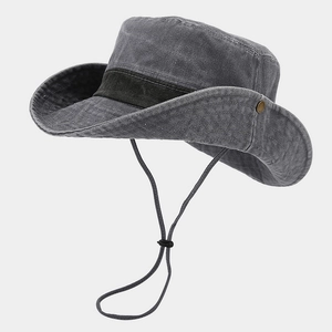 Detail of wide brim sun hat with adjustable windproof rope and metal buttons