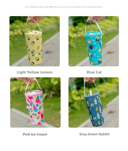 Detail showing four portable cup sleeves with lemon, cat, ice cream and rabbit patterns