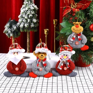 Christmas tree plush pendants featuring Santa, reindeer, and snowman with checkered scarves