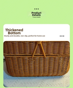 Close-up of the thickened bottom on a durable brown woven picnic basket with lid