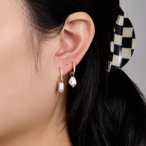 Boucles D'oreilles Créoles Künstliche Perles Baroques Argent Fin 925 Avec Zircon Goutte Irrégulière Bijoux Élégants Femmes
