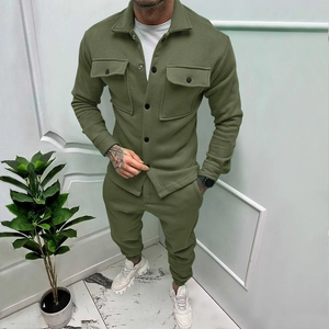 Men's dark green faux suede fashion suit with multi-pocket casual jacket and joggers