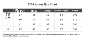 Size chart for yoga jacket including bust, hem, length, and sleeve measurements for S-XL