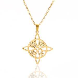 Gold Celtic knot cross pendant necklace with mystical symbols in stainless steel