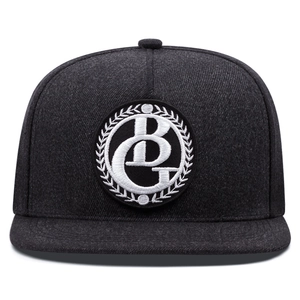 Flat brim snapback hat in dark grey with circular BG embroidery for street style