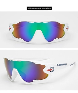 Detailed views of white sports sunglasses with multi-color gradient mercury coated lenses
