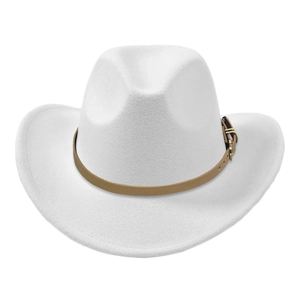 Detail of white wool felt cowboy hat featuring a brown band and gold metal buckle