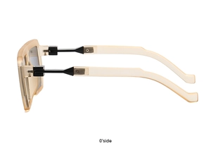 Detail of champagne square sunglasses with black and white color-blocking metal temples