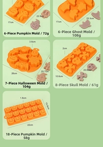 Detailed views of various Halloween silicone molds including pumpkin and ghost shapes