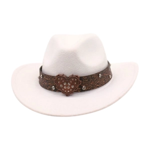 Detail of white felt cowboy hat featuring brown leather band with heart metal buckles