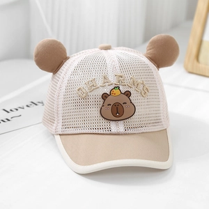 Detail of baby mesh sun hat featuring cute 3D ears and embroidered cartoon bear patch