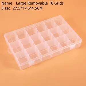 Macro shot of 18-compartment clear plastic storage box with adjustable dividers, 27.5x17.5x4.5cm
