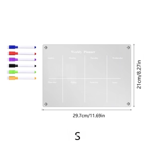 Macro detail of acrylic weekly planner set with 6 colored dry-erase markers and mounting bolts