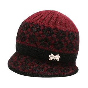 Winter knitted hat for elderly women in wine red with rhinestone bow decoration