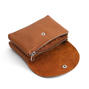Caramel genuine leather coin purse with pebbled texture and double compartments