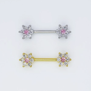 Silver and gold stainless steel nipple rings with pink and white zircon flower designs
