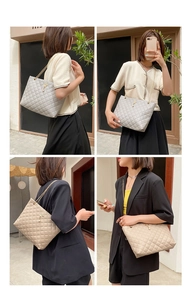 Quilted tote bag with chain strap and crown pendant shown in various street style views
