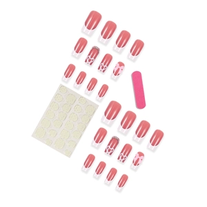 Pink French press-on nails set with 3D bows, rhinestones and heart patterns on white base