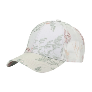 Detail of floral jacquard embroidery on white breathable mesh baseball cap for women