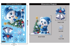 Detailed size guide for blue polar bear and bells Christmas window static stickers