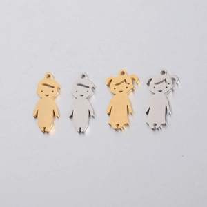 Polished stainless steel boy and girl charms in gold and silver finishes for DIY jewelry