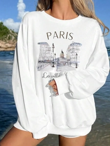 Women Sweatshirt Casual Round Neck Long Sleeve Loose Fit Pullover Paris City Print Cotton Polyester