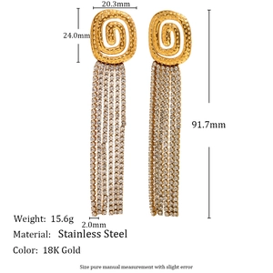 18K gold plated stainless steel tassel earrings with sparkling rhinestones on white base