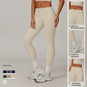 Legging de yoga taille haute crème avec taille rabattable et design sans couture avant