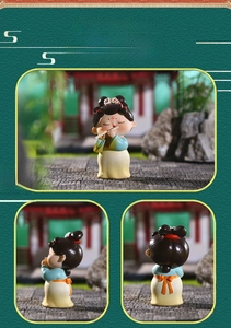 Three-view detail of resin Tang Dynasty lady figurine playing flute with classic dress