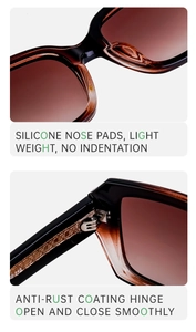 Detailed close-up of acetate sunglasses with smooth hinges and soft silicone nose pads