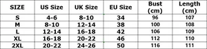 Tabella taglie dettagliata per abito autunnale con misure US, UK ed EU specifiche