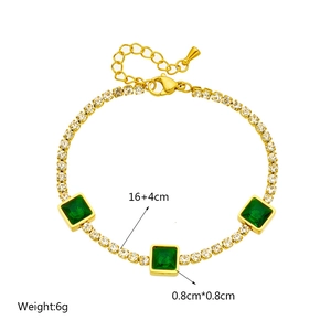 Titanium steel gold chain bracelet featuring square emerald green gems and micro diamonds