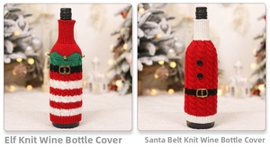 Detail of Christmas knitted wine bottle covers with elf stripes and Santa belt motifs