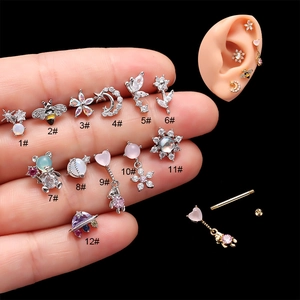 Fashion Stainless Steel Rod Zircon Inlaid Ear Cartilage Stud Flower Bee Moon Screw Back Helix Piercing Jewelry For Women