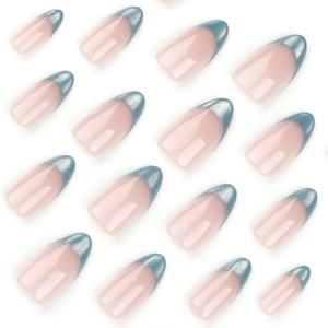 Almond-shaped pink cat-eye press-on nails with blue glitter French tips set of 16