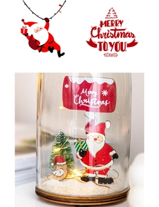 Detail of a Christmas glass dome with Santa Claus, mini tree, and warm LED light string