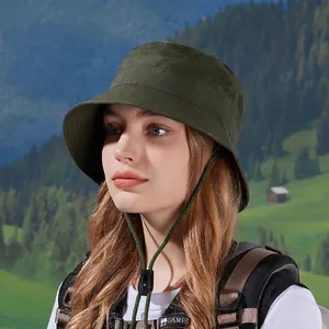 Waterproof quick-dry sun hat in dark green with adjustable windproof drawstring for hiking
