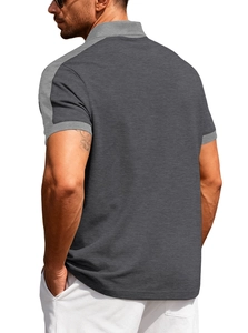 Detail view of the contrasting collar and short sleeve design on a grey men polo shirt