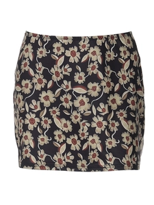 Women's A-line mini skirt with floral print on black fabric and elastic waist