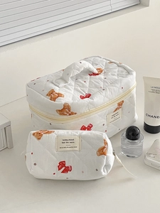 Quilted cotton bear bow cosmetic bag set with large capacity storage for travel