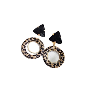 Retro leopard print hoop earrings with black triangle studs and gold metal accents
