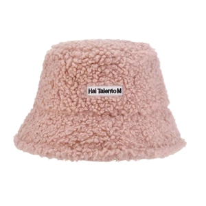 Pink faux shearling bucket hat with letter patch for winter warmth and cozy style