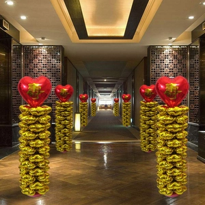 Golden and red heart balloon pillar with longevity symbol for banquet party decoration