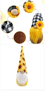 Detail of plush gnome doll with sunflower theme and black-white checkered fabric hat