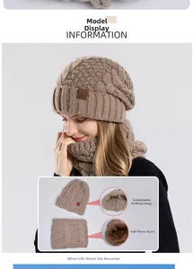 Close-up of khaki winter knit hat set showing thick cable knit and warm fleece lining